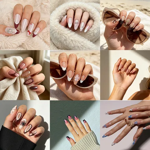 Resin Press On Nails French Vintage Rhinestone Bowknot Artificial Pearl Artificial Nails For Women Manicure Nail Art