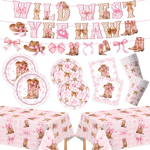 Rosa Gingham Schleife Cowboy Thema Geburtstagsparty Einweg Geschirr Set Für Mädchen Wild West Party Zubehör Teller Servietten Becher Tischdecke Banner