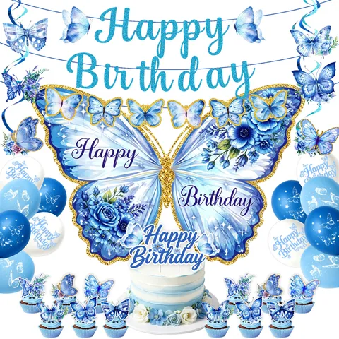 Blue Butterfly Theme Birthday Party Decorations Watercolor Floral Cake Toppers Banner Balloons Backdrop Hanging Swirls Set For Celebration Layout