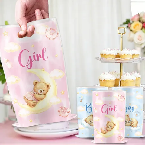 Cartoon Teddy Bear Plastic Gift Bag Cute Baby Shower Gender Reveal Party Favor Bag Printed Handle Candy Pouch For Birthday Celebration