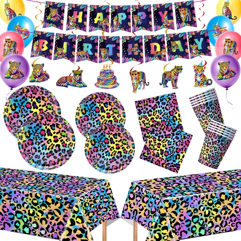 Neon Leopardenmuster Party Deko Set Pappteller Becher Servietten Tischdecke Luftballons Happy Birthday Banner Partyzubehör