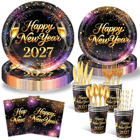 Happy New Year 2027 Party Decorations Black Gold Fireworks Print Disposable Tableware Paper Plates Cups Napkins Tablecloth For Eve Party Celebration