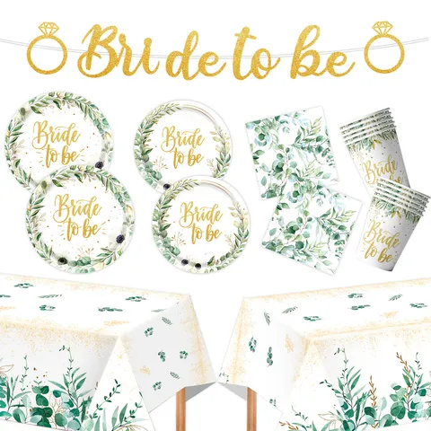 Vaisselle de Fête de Mariage Eucalyptus Bride To Be Assiettes en Papier Gobelets Serviettes Bannière Nappe Pour Décoration de Douche Nuptiale Fiançailles