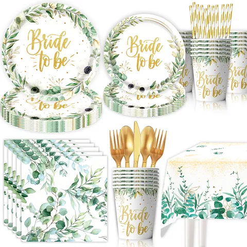 Vaisselle de Fête de Mariage Eucalyptus Bride To Be Assiettes en Papier Gobelets Serviettes Bannière Nappe Pour Décoration de Douche Nuptiale Fiançailles