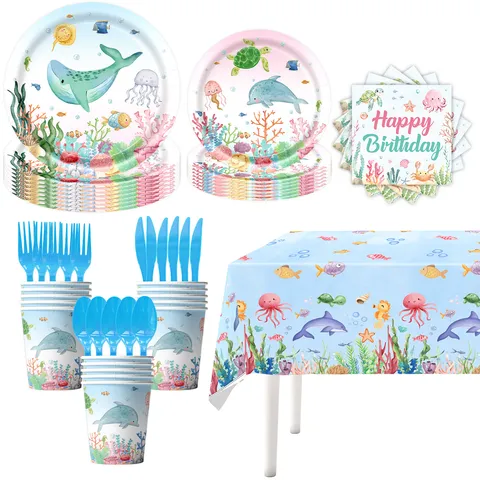 Meerestiere Thema Kinder Geburtstag Party Zubehör Set Pappteller Becher Servietten Banner Tischdecke Cartoon Unterwasserwelt Partygeschirr Dekorationen