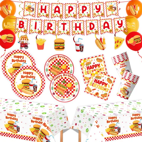 Cartoon Fast Food Burger Pommes Thema Geburtstag Party Geschirr Set Papier Teller Becher Servietten Banner Tischdecke Dekorationen