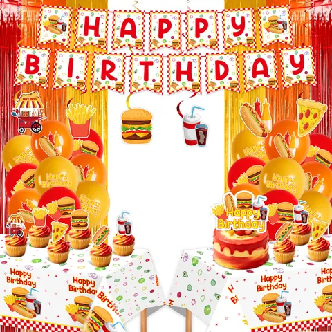 Cartoon Fast Food Burger Pommes Thema Geburtstag Party Geschirr Set Papier Teller Becher Servietten Banner Tischdecke Dekorationen