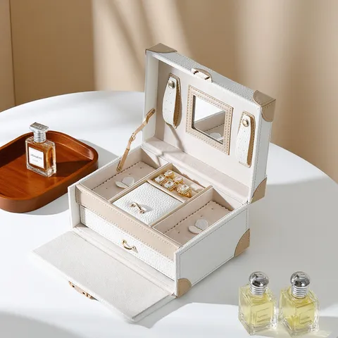 Exquisite Zweilagige PU-Leder Schmuckschatulle Tragbarer Make-up Spiegel Schmuck Organizer Vintage Koffer Schmuckkasten Mit Schloss Für Damen Ringe Halsketten Aufbewahrung