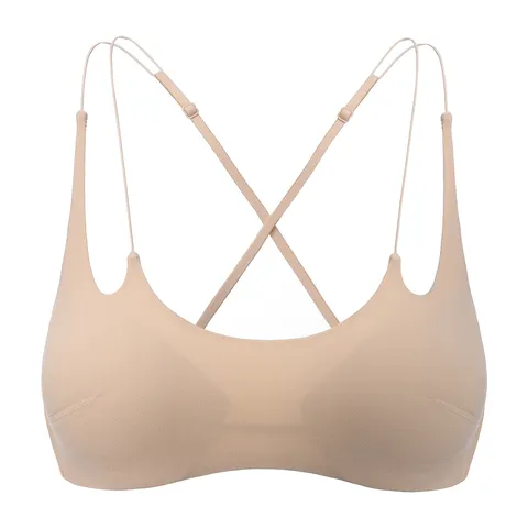 French Style Wirefree Push Up Bra For Women Crisscross Thin Straps Strappy Back Seamless Comfortable Solid Color Bralette