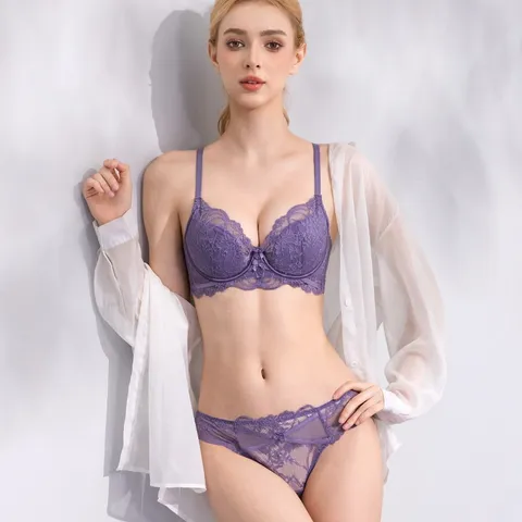 French Style Women Sexy Lace Bra Brief Set Thin Underwire Push Up Lingerie Solid Floral Mesh Splicing Intimates Bralette