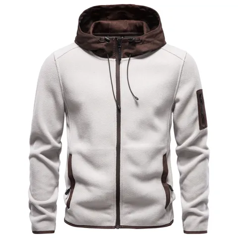 Men's Thickened Polar Fleece Suede Splicing Zip-Up Hoodie Jacket Warm Winter Color Block Casual Outerwear Fleece Top