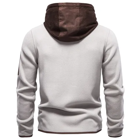 Men's Thickened Polar Fleece Suede Splicing Zip-Up Hoodie Jacket Warm Winter Color Block Casual Outerwear Fleece Top