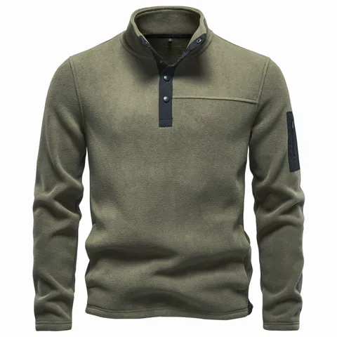 Men Polar Fleece Sweatshirt Thick Pullover Stand Collar Button Patchwork Outdoor Warm Top Autumn Winter Clothing