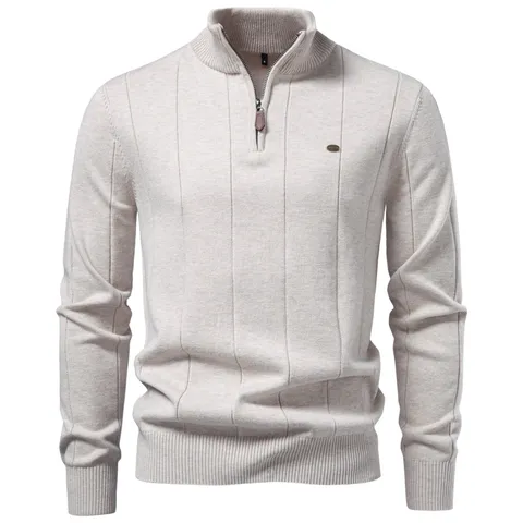 Maglione da Uomo Casual in Misto Cotone con Mezza Zip a Coste Collo Alto Pullover Moda Urbana Maglieria
