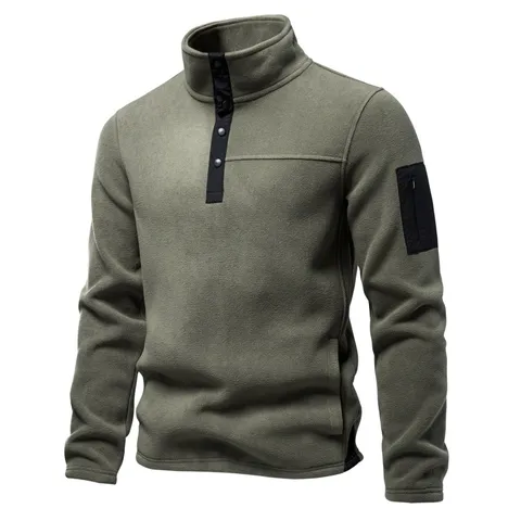 Men Polar Fleece Sweatshirt Thick Pullover Stand Collar Button Patchwork Outdoor Warm Top Autumn Winter Clothing