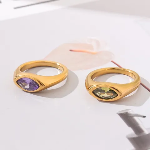 Anillo de Acero Inoxidable Chapado en Oro 18K Corte Marquesa Strass Púrpura Verde para Mujer Joyería Anillo de Lujo