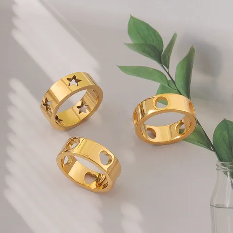 Roestvrij Staal Opengewerkte Ring PVD 18K Verguld Geometrisch Hart Ster Rond Bandring Mode Sieraden Voor Dames