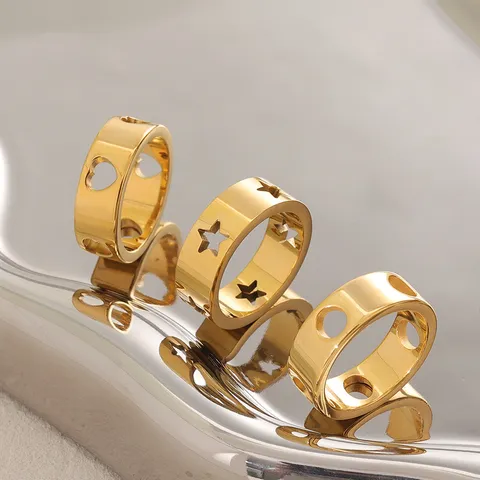 Roestvrij Staal Opengewerkte Ring PVD 18K Verguld Geometrisch Hart Ster Rond Bandring Mode Sieraden Voor Dames
