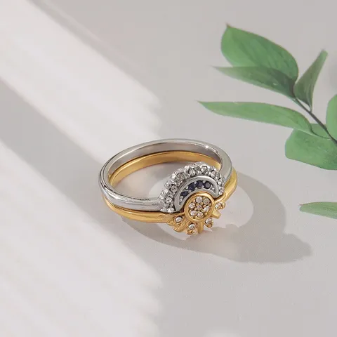 Edelstahl Strass Sonne Mond Stapelringe Set Modische Geometrische Galvanisierte Fingerringe Geschenk Für Damen Schmuck