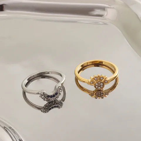 Edelstahl Strass Sonne Mond Stapelringe Set Modische Geometrische Galvanisierte Fingerringe Geschenk Für Damen Schmuck
