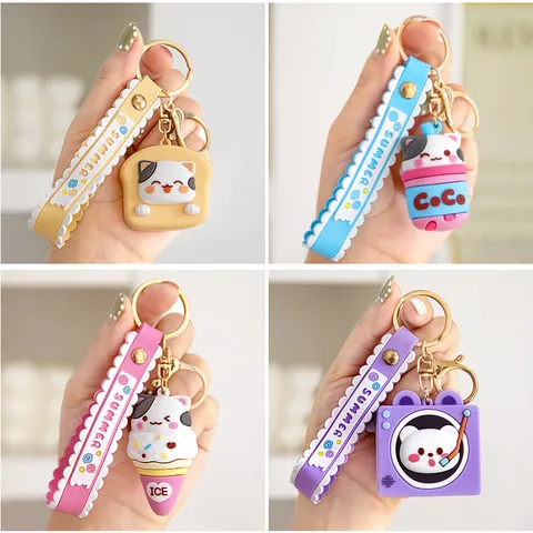 Mignon Dessin Animé Silicone Porte-clés Animal Nourriture Pendentif Avec Dragonne Sac Suspendu Ornement Clé De Voiture Cadeau