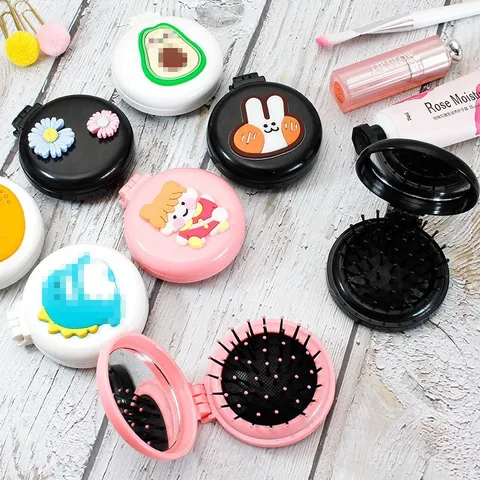Portable Folding Air Cushion Comb Cute Cartoon Massage Hair Brush With Makeup Mirror Travel Compact Pocket Hairbrush
