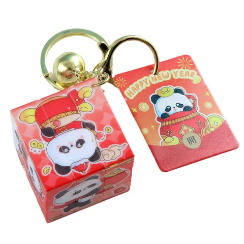 Süßer Cartoon Panda Zauberwürfel Schlüsselanhänger Neujahr Glücksbringer Kunststoff Metallring Taschenanhänger Schülergeschenk