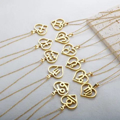 Fashion Stainless Steel Twelve Zodiac Signs Jewelry Set Cutout Heart Pendant Necklace Bracelet Ring Stud Earrings For Women