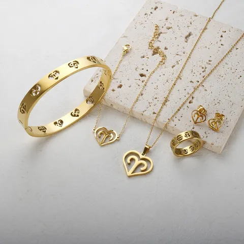 Fashion Stainless Steel Twelve Zodiac Signs Jewelry Set Cutout Heart Pendant Necklace Bracelet Ring Stud Earrings For Women