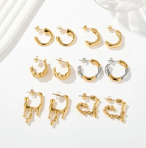Pendientes de Aro Geométricos en Forma de C de Acero Inoxidable Elegantes para Mujer Chapados en Oro de 18K Pendientes de Corazón de Flor Fluida de Dos Tonos Joyería