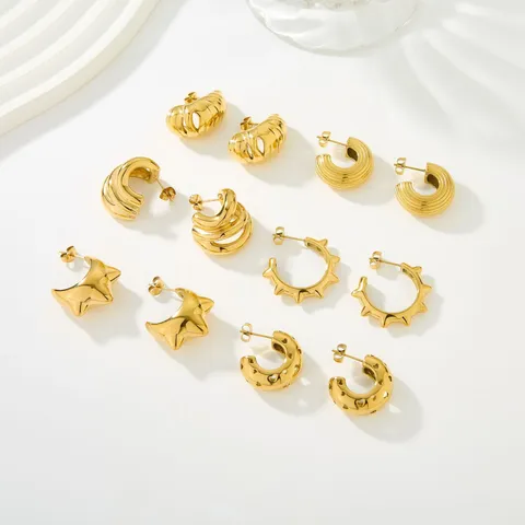 Punk Pendientes de Aro en C de Acero Inoxidable Chapado en Oro Unisex Hip Hop Remache Estrella Corazón Calado Geométricos Gruesos Aros Joyería Regalo
