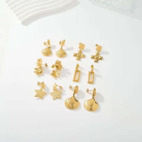 Pendientes Colgantes Geométricos de Acero Inoxidable Chapado en Oro de 18K Con Textura Martillada y Empalme Móvil Forma de Estrella Cruz Flor Concha Regalo Joyería Mujer