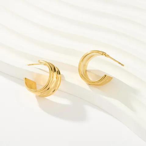 Pendientes de Aro Minimalistas Acero Inoxidable Chapado Oro 18K Forma C Mujer Calado Geométrico Patrón Ondulado Aros Texturizados Moda Diaria Viaje Joyería Regalo