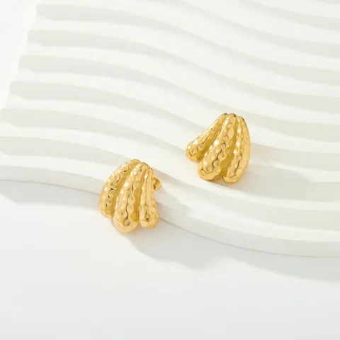 Pendientes de Botón Martillados de Acero Inoxidable de Moda para Mujer Chapados en Oro de 18K Textura Geométrica de Onda Orgánica Joyería Elegante