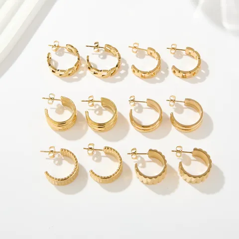 Pendientes de Aro Minimalistas Acero Inoxidable Chapado Oro 18K Forma C Mujer Calado Geométrico Patrón Ondulado Aros Texturizados Moda Diaria Viaje Joyería Regalo