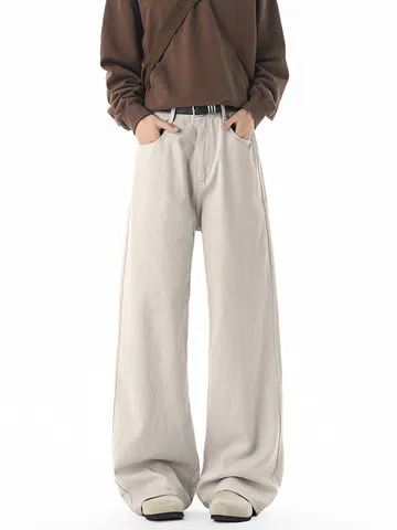 Pantalón Casual Cleanfit para Hombre Puro Algodón Pierna Recta Minimalista Americano Corte Holgado Color Sólido Largo