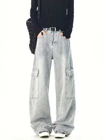 Men High Street Patchwork Cargo Jeans American Retro Distressed Straight Leg Baggy Denim Pants With Multi Pockets Casual Bottom
