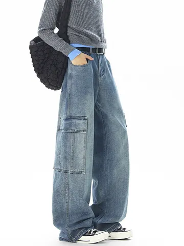 Men High Street Patchwork Cargo Jeans American Retro Distressed Straight Leg Baggy Denim Pants With Multi Pockets Casual Bottom