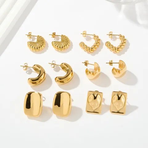 Pendientes Geométricos de Acero Inoxidable Chapado en Oro de 18K Pendientes de Aro de Botón de Onda Irregular Minimalista para Mujer Regalo de Joyería