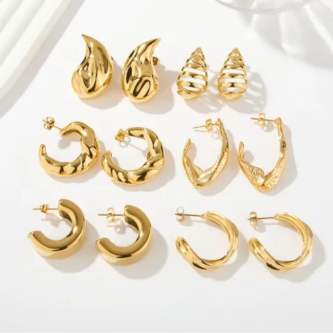 Pendientes de Aro Torcidos en Forma de Gota de Acier Inoxidable Minimalista Para Mujeres Joyas de Pendientes de Botón Geométricos Rayados Calados de Lujo