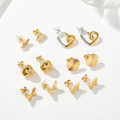 Pendientes de Botón de Acero Inoxidable y Acero de Titanio para Mujer Lindo Mariposa Corazón Redondo Textura de Sol Oro Plata Color Moda Joyería Accesorios Regalo