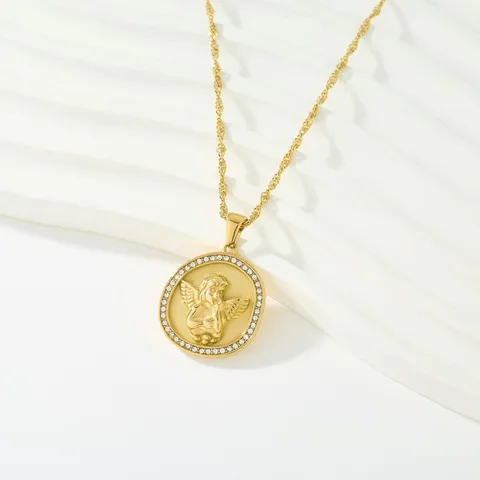 Collar de Colgante de Strass Chapado en Oro de Acero Inoxidable de Nicho Cadena de Clavícula de Ángel en Relieve de Moda para Joyería de Mujeres