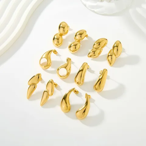 Pendientes de Botón de Acero Inoxidable Chapado en Oro de 18K para Mujer Gota de Agua Hueca Cáscara de Maní Geométricos