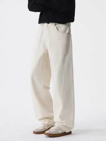 Men Straight Leg Jeans American High Street Cotton Raw Denim Pants Loose Fit Solid Off White Long Trousers Casual Hip Hop Streetwear For Teenagers