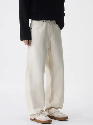 Men Straight Leg Jeans American High Street Cotton Raw Denim Pants Loose Fit Solid Off White Long Trousers Casual Hip Hop Streetwear For Teenagers