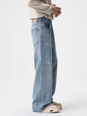 American Vintage Ripped Jeans For Men Light Blue Loose Straight Wide Leg Denim Pants Distressed Hip Hop High Street Washed Jeans