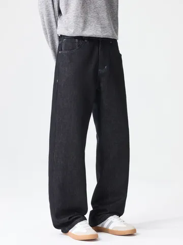 Men Straight Leg Jeans American High Street Raw Denim Anti Fading Solid Color Loose Pants Hip Hop Bottoms Denim Trousers For Men