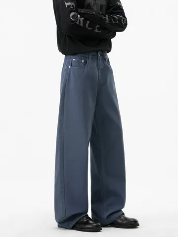 Pantalones Vaqueros de Mezclilla Lavada 100% Algodón para Hombre Estilo Retro High Street Pierna Ancha Rectos Casuales