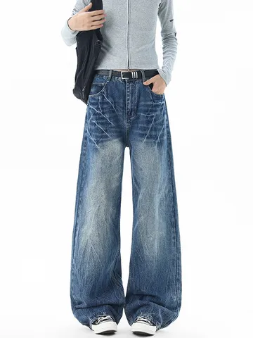Men's High Street Loose Wide Leg Jeans Retro Distressed Crackle Wash Straight Leg Denim Pants Hip Hop Streetwear Cotton Trousers For Men
