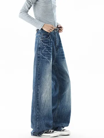 Men's High Street Loose Wide Leg Jeans Retro Distressed Crackle Wash Straight Leg Denim Pants Hip Hop Streetwear Cotton Trousers For Men